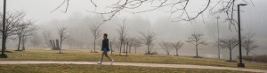 A person walking in the fog